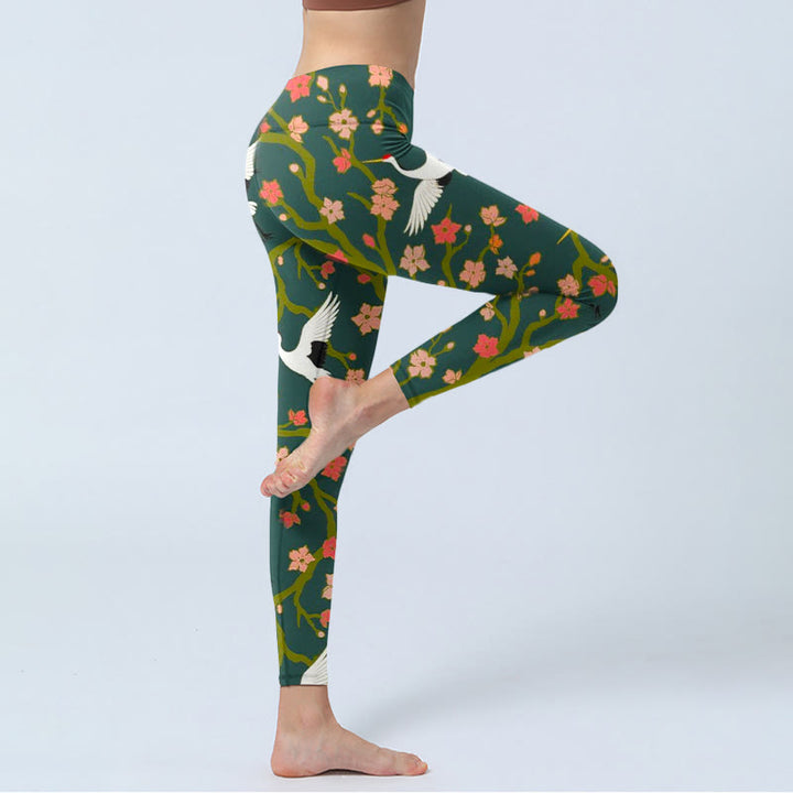 Leggings de yoga para mujer con estampado de grullas de corona roja, árboles de flores rojas y naranjas y piedras de Buddha Stones - image 3