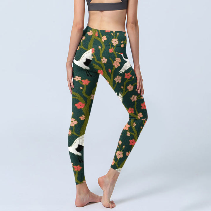 Leggings de yoga para mujer con estampado de grullas de corona roja, árboles de flores rojas y naranjas y piedras de Buddha Stones - image 4