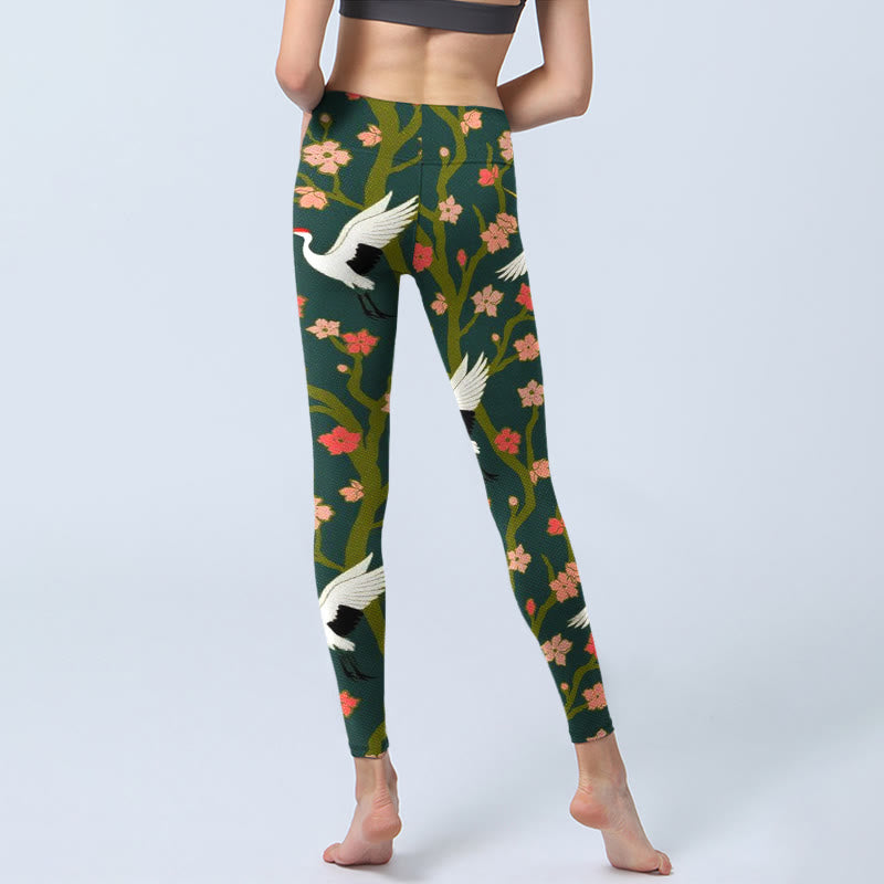 Leggings de yoga para mujer con estampado de grullas de corona roja, árboles de flores rojas y naranjas y piedras de Buddha Stones - image 6