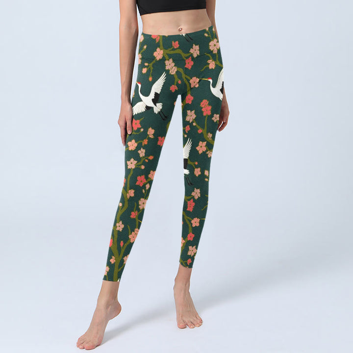 Leggings de yoga para mujer con estampado de grullas de corona roja, árboles de flores rojas y naranjas y piedras de Buddha Stones - image 5