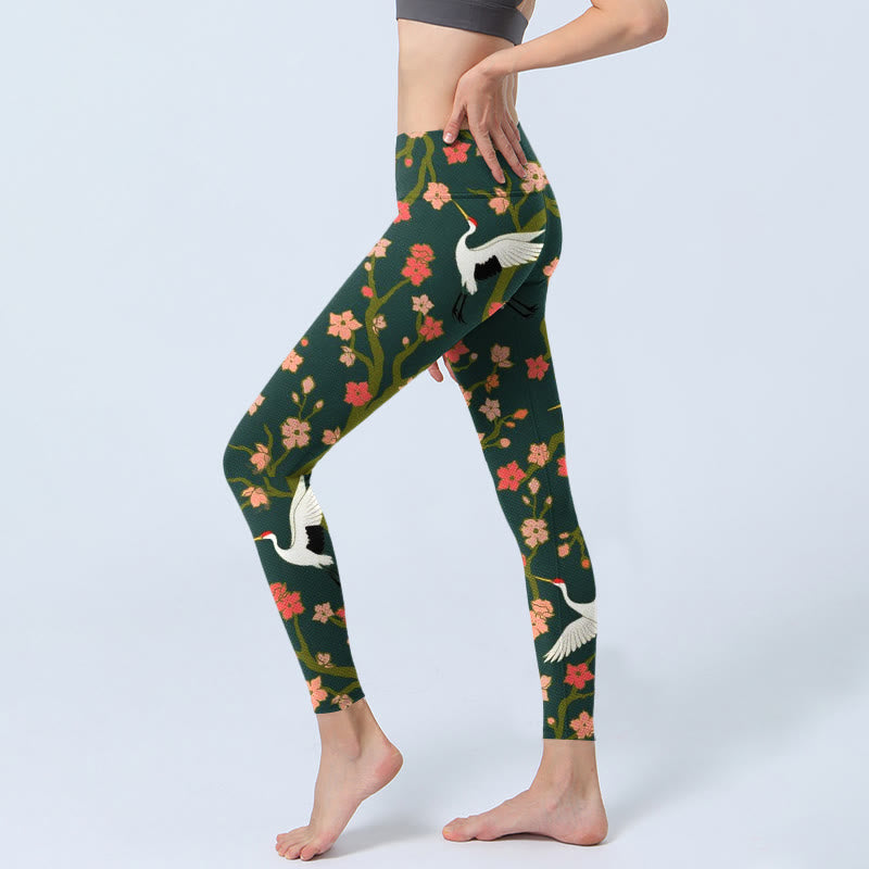 Leggings de yoga para mujer con estampado de grullas de corona roja, árboles de flores rojas y naranjas y piedras de Buddha Stones - image 2