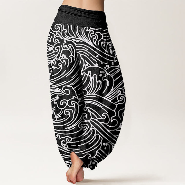 Pantalones bombachos de cintura elástica para mujer con estampado de ondas rústicas de algodón y Buddha Stones - image 1