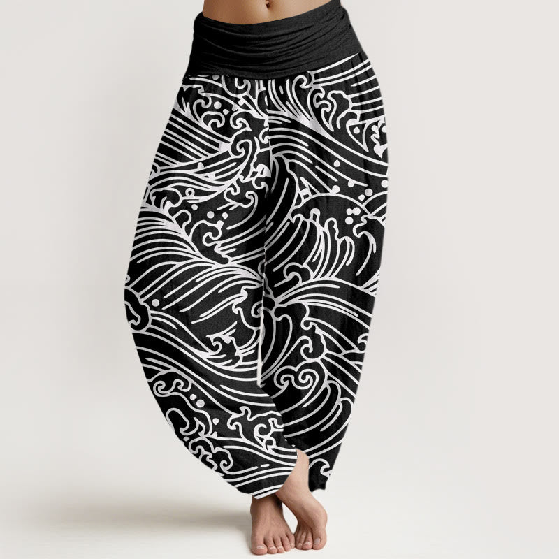 Pantalones bombachos de cintura elástica para mujer con estampado de ondas rústicas de algodón y Buddha Stones - Negro - US22，UK/AU26，EU54 (6XL) - image 0
