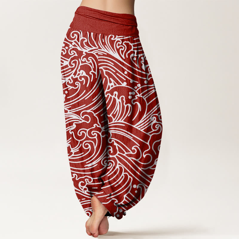 Pantalones bombachos de cintura elástica para mujer con estampado de ondas rústicas de algodón y Buddha Stones - image 5