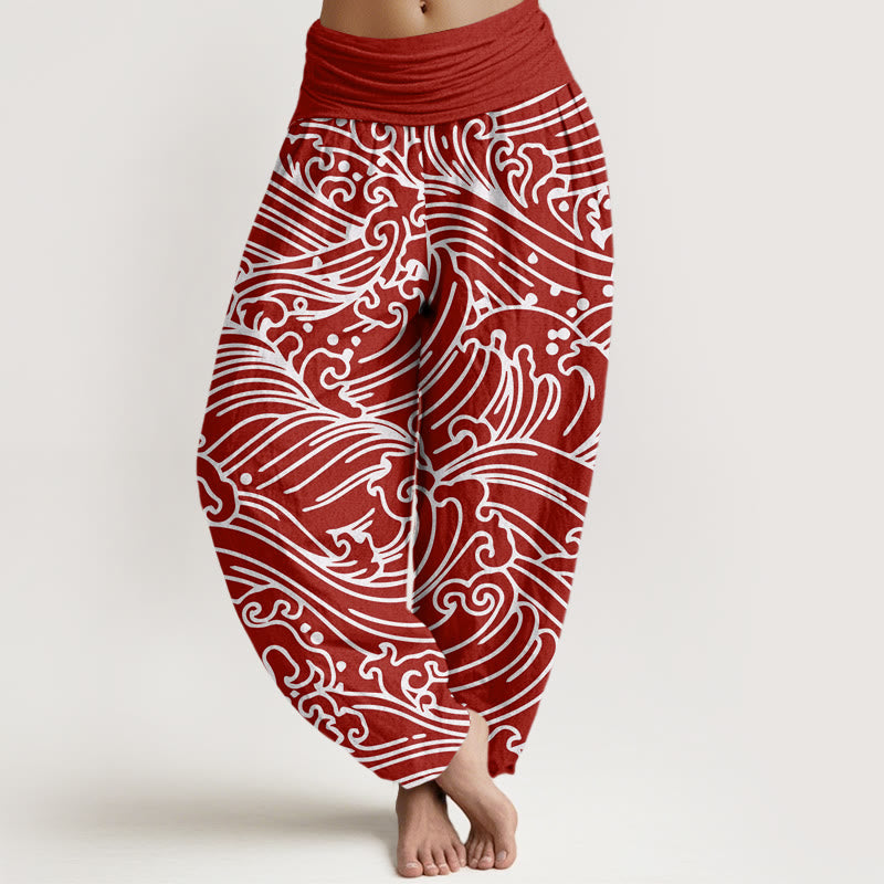 Pantalones bombachos de cintura elástica para mujer con estampado de ondas rústicas de algodón y Buddha Stones - Carmesí - US22，UK/AU26，EU54 (6XL) - image 4