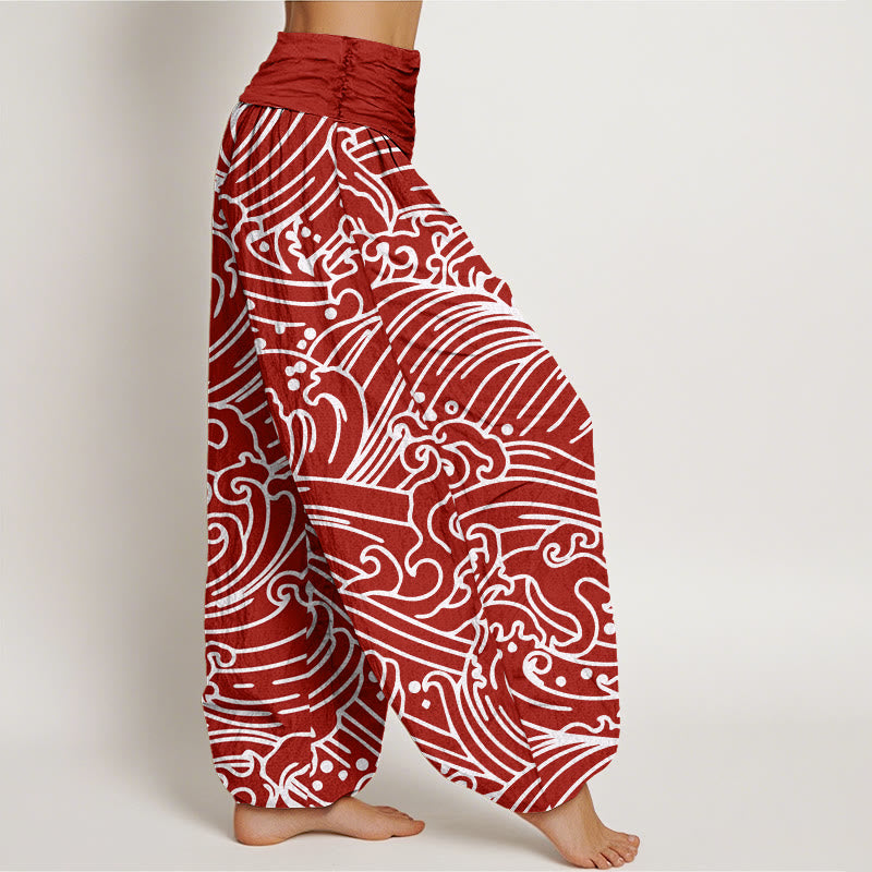 Pantalones bombachos de cintura elástica para mujer con estampado de ondas rústicas de algodón y Buddha Stones - image 6