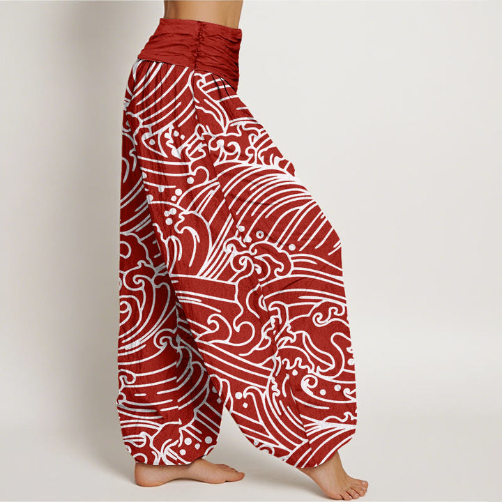 Pantalones bombachos de cintura elástica para mujer con estampado de ondas rústicas de algodón y Buddha Stones - image 6