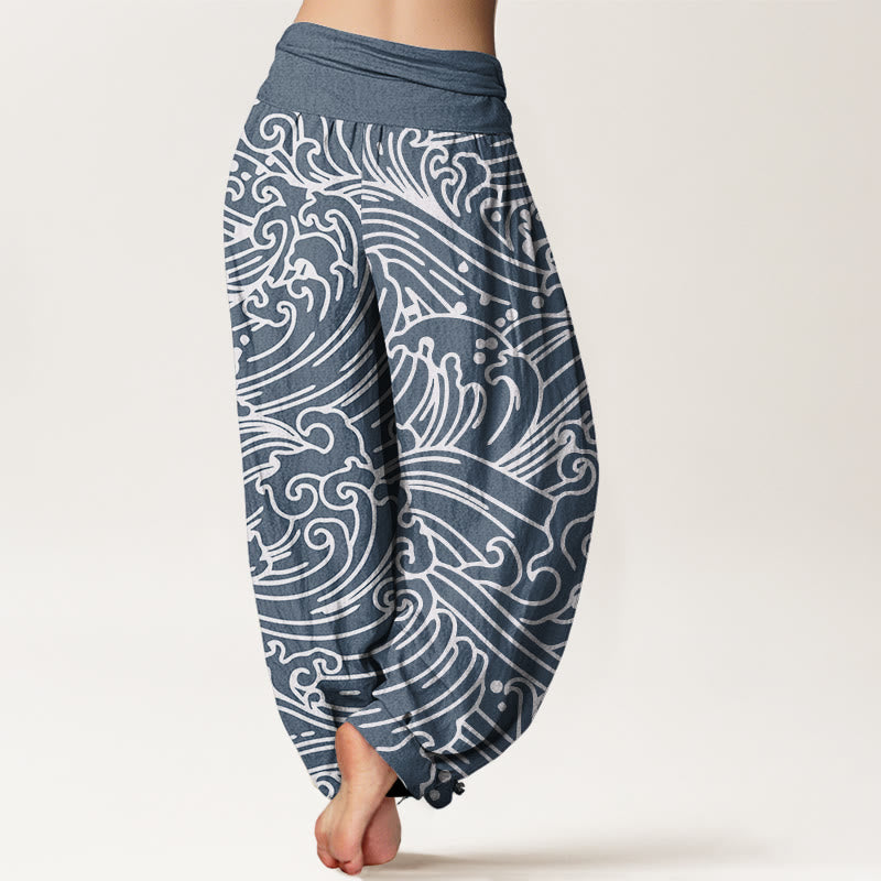 Pantalones bombachos de cintura elástica para mujer con estampado de ondas rústicas de algodón y Buddha Stones - image 8