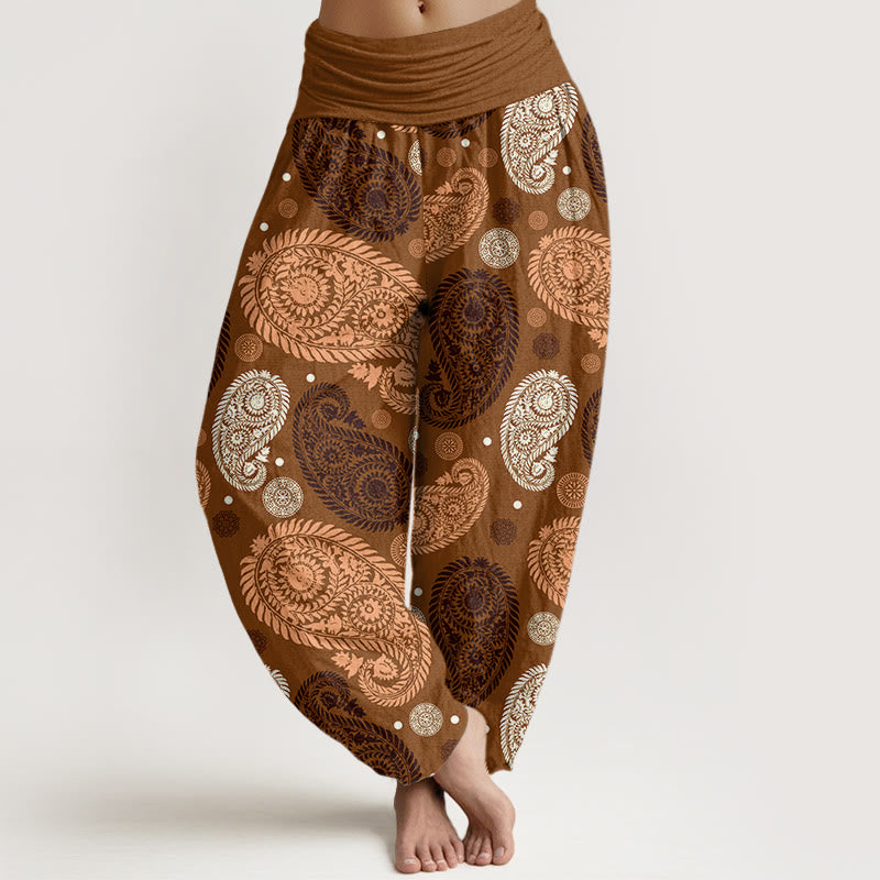 Pantalones bombachos de cintura elástica para mujer con estampado de flores, hojas, enredaderas y girasoles de algodón con Buddha Stones - Vara de oro oscuro - US22，UK/AU26，EU54 (6XL) - image 4