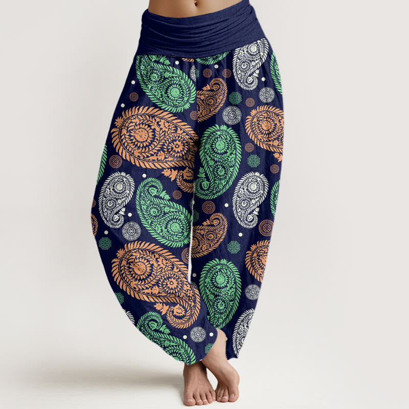 Pantalones bombachos de cintura elástica para mujer con estampado de flores, hojas, enredaderas y girasoles de algodón con Buddha Stones - Marina de guerra - US22，UK/AU26，EU54 (6XL) - image 7