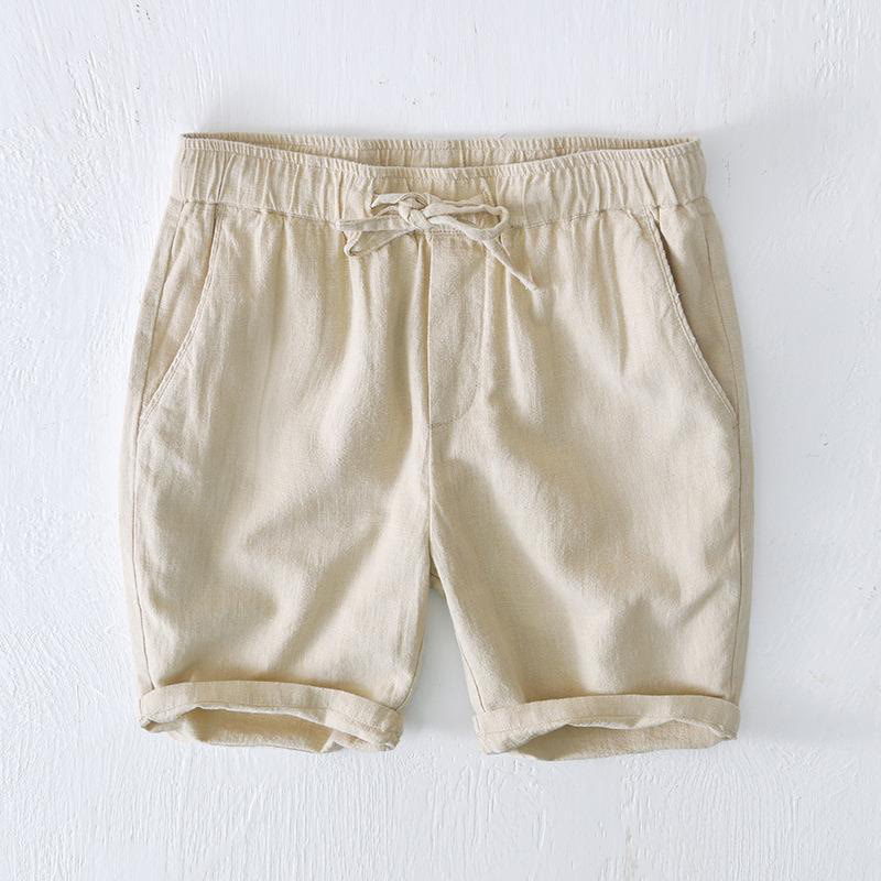 Pantalones cortos de lino y algodón con cintura elástica y cordón ajustable de color liso para hombre, con bolsillos , de Buddha Stones - Beige - US/UK/AU44, EU54 (4XL) - image 0