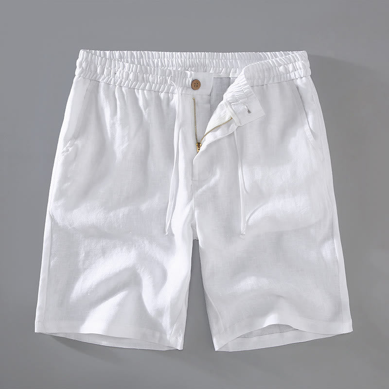 Pantalones cortos de lino con diseño de botones y cordón de color liso de verano con Buddha Stones y bolsillos para hombre - Blanco - US/UK/AU42, EU52 (3XL) - image 1