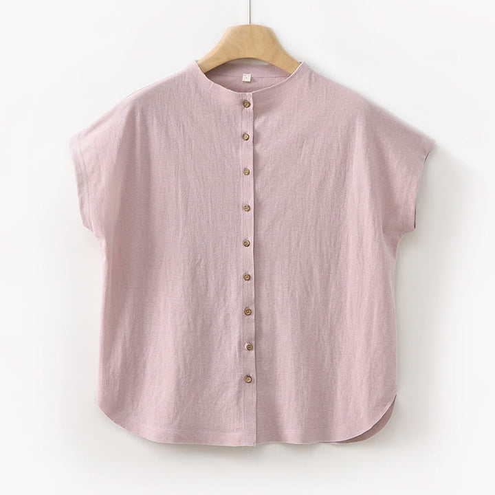 Camisa de algodón de manga corta para mujer con cuello alto y diseño de botones vintage de Buddha Stones - Rosa - US8-10，UK/AU12-14，EU40-42 (2XL) - image 21