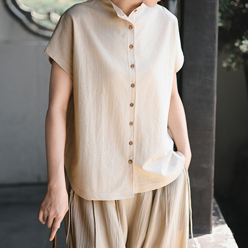 Camisa de algodón de manga corta para mujer con cuello alto y diseño de botones vintage de Buddha Stones - image 11