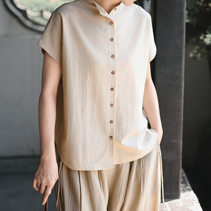 Camisa de algodón de manga corta para mujer con cuello alto y diseño de botones vintage de Buddha Stones - image 11