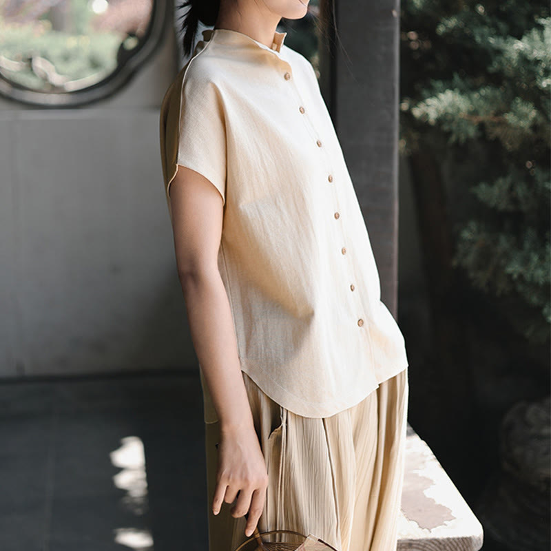 Camisa de algodón de manga corta para mujer con cuello alto y diseño de botones vintage de Buddha Stones - image 12