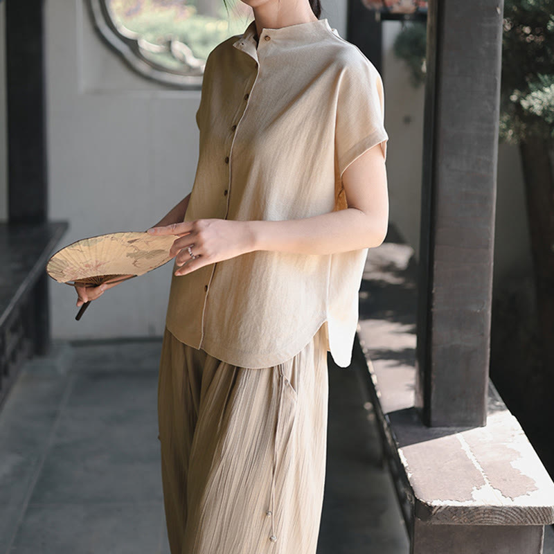 Camisa de algodón de manga corta para mujer con cuello alto y diseño de botones vintage de Buddha Stones - image 13