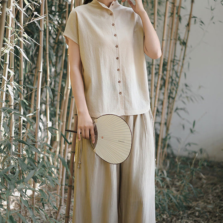 Camisa de algodón de manga corta para mujer con cuello alto y diseño de botones vintage de Buddha Stones - image 16