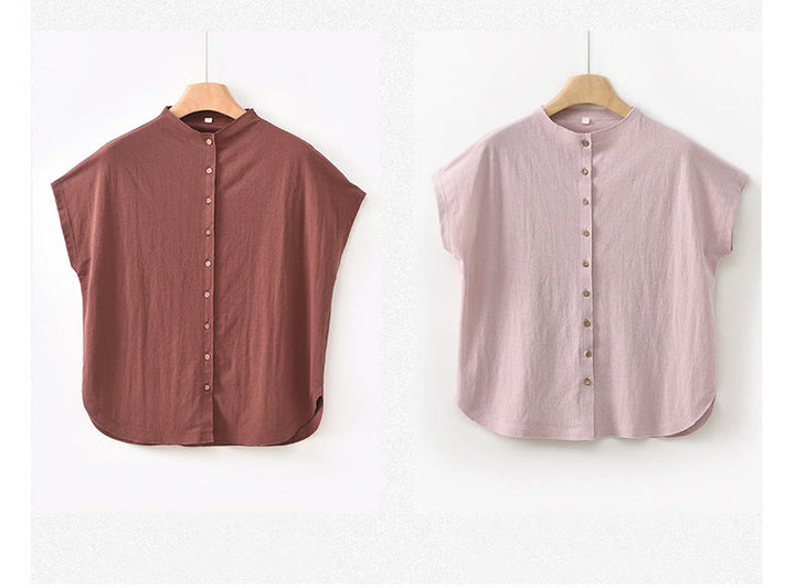 Camisa de algodón de manga corta para mujer con cuello alto y diseño de botones vintage de Buddha Stones - image 22