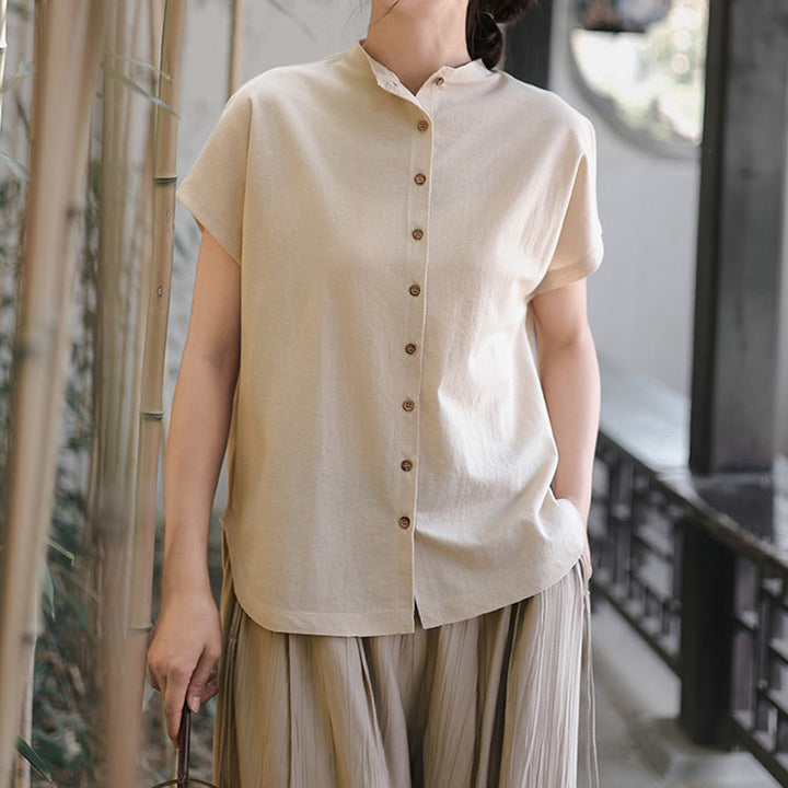 Camisa de algodón de manga corta para mujer con cuello alto y diseño de botones vintage de Buddha Stones - image 9