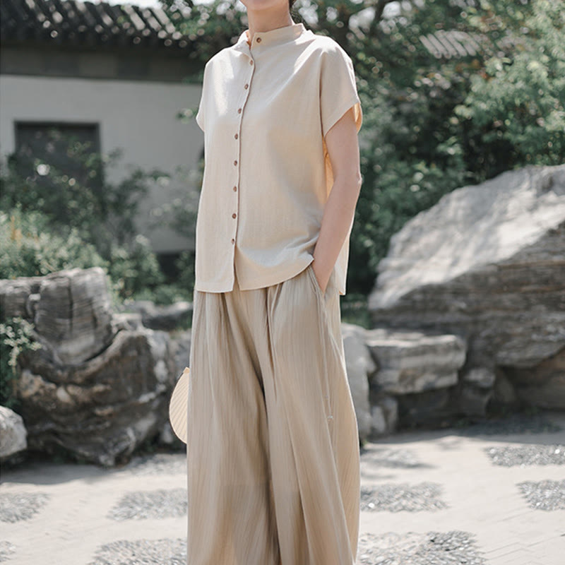Camisa de algodón de manga corta para mujer con cuello alto y diseño de botones vintage de Buddha Stones - image 14