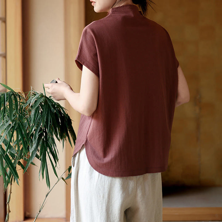 Camisa de algodón de manga corta para mujer con cuello alto y diseño de botones vintage de Buddha Stones - image 5