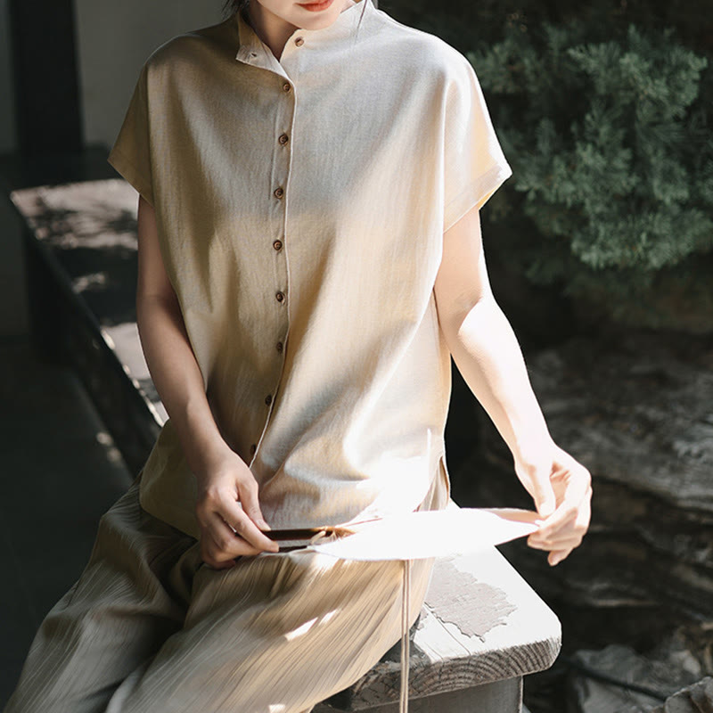 Camisa de algodón de manga corta para mujer con cuello alto y diseño de botones vintage de Buddha Stones - image 10
