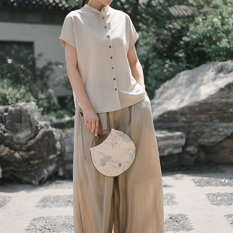 Camisa de algodón de manga corta para mujer con cuello alto y diseño de botones vintage de Buddha Stones - image 15