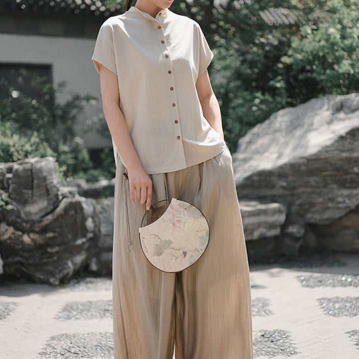 Camisa de algodón de manga corta para mujer con cuello alto y diseño de botones vintage de Buddha Stones - image 15