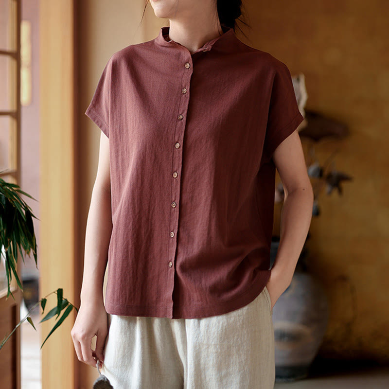 Camisa de algodón de manga corta para mujer con cuello alto y diseño de botones vintage de Buddha Stones - image 1