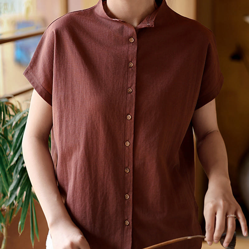 Camisa de algodón de manga corta para mujer con cuello alto y diseño de botones vintage de Buddha Stones - Marrón - US8-10，UK/AU12-14，EU40-42 (2XL) - image 0