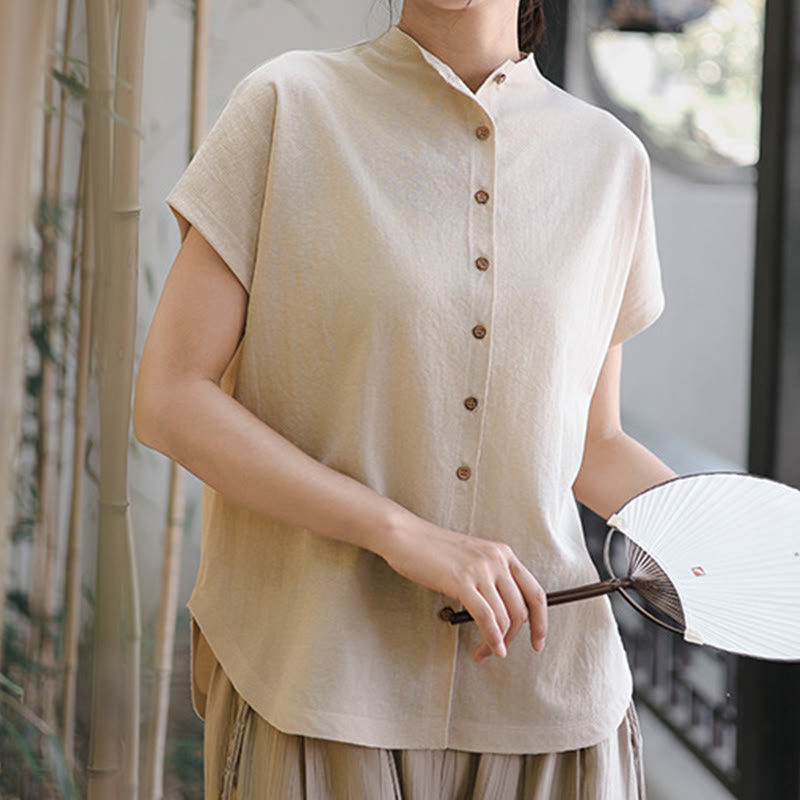 Camisa de algodón de manga corta para mujer con cuello alto y diseño de botones vintage de Buddha Stones - Lino - US8-10，UK/AU12-14，EU40-42 (2XL) - image 8