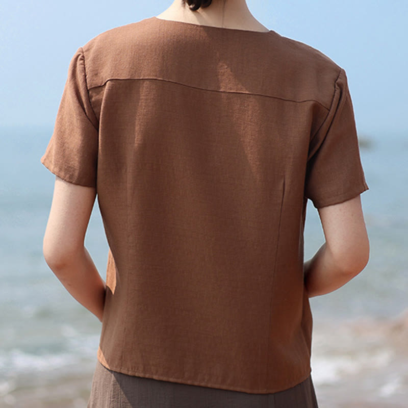 Camisa de lino y algodón con cuello en V, manga corta, diseño irregular con Buddha Stones para mujer - image 3