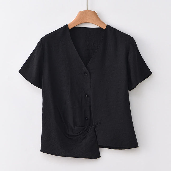 Camisa de lino y algodón con cuello en V, manga corta, diseño irregular con Buddha Stones para mujer - Negro - US8-10，UK/AU12-14，EU40-42 (2XL) - image 19