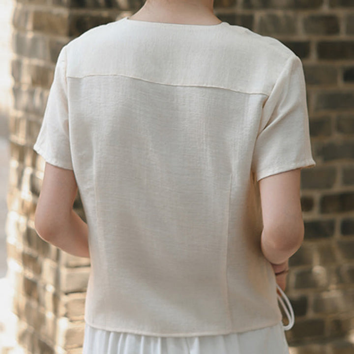 Camisa de lino y algodón con cuello en V, manga corta, diseño irregular con Buddha Stones para mujer - image 14