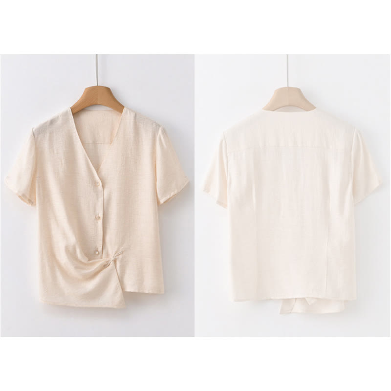 Camisa de lino y algodón con cuello en V, manga corta, diseño irregular con Buddha Stones para mujer - image 18