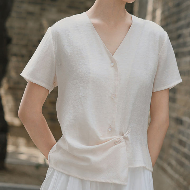 Camisa de lino y algodón con cuello en V, manga corta, diseño irregular con Buddha Stones para mujer - image 13