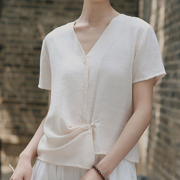 Camisa de lino y algodón con cuello en V, manga corta, diseño irregular con Buddha Stones para mujer - image 16