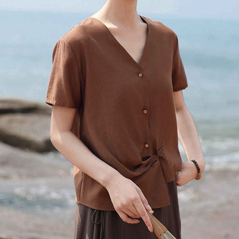 Camisa de lino y algodón con cuello en V, manga corta, diseño irregular con Buddha Stones para mujer - image 5