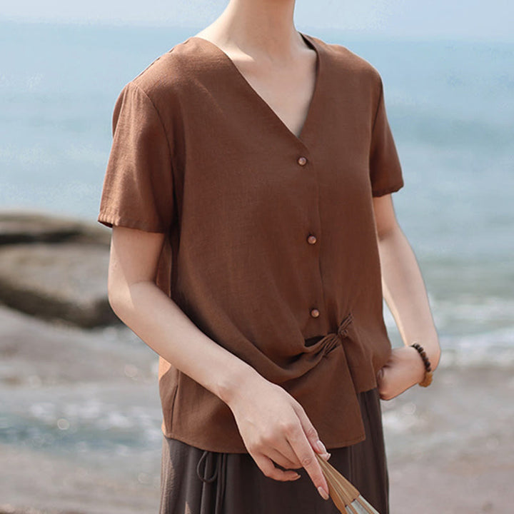 Camisa de lino y algodón con cuello en V, manga corta, diseño irregular con Buddha Stones para mujer - image 5