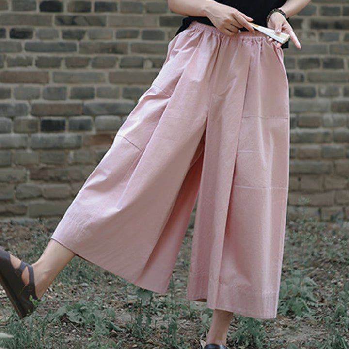 Pantalones capri casuales de algodón liso con cintura alta y pernera ancha para mujer con bolsillos de Buddha Stones - Rosa - US8-10，UK/AU12-14，EU40-42 (2XL) - image 8