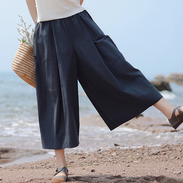 Pantalones capri casuales de algodón liso con cintura alta y pernera ancha para mujer con bolsillos de Buddha Stones - Azul medianoche - US8-10，UK/AU12-14，EU40-42 (2XL) - image 1
