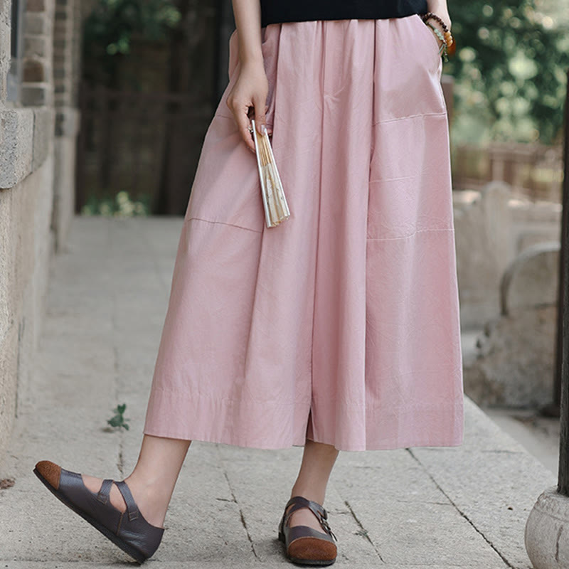 Pantalones capri casuales de algodón liso con cintura alta y pernera ancha para mujer con bolsillos de Buddha Stones - image 9