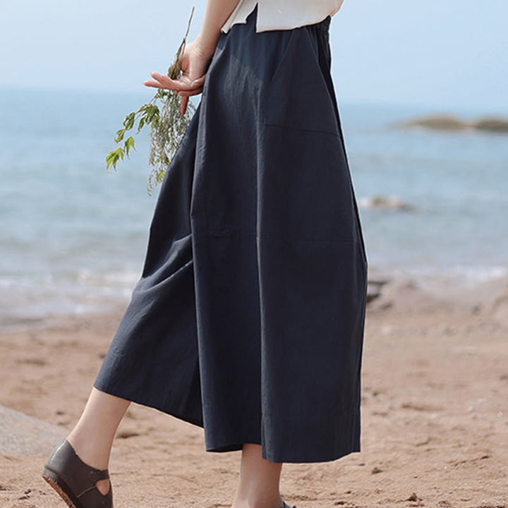 Pantalones capri casuales de algodón liso con cintura alta y pernera ancha para mujer con bolsillos de Buddha Stones - image 6