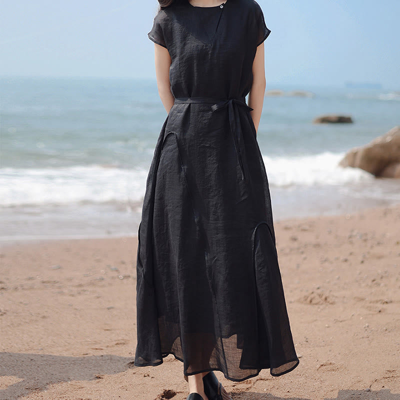 Vestido largo de lino y algodón con mangas cortas y dobladillo irregular, liso y Buddha Stones - Negro - US8-10，UK/AU12-14，EU40-42 (2XL) - image 0