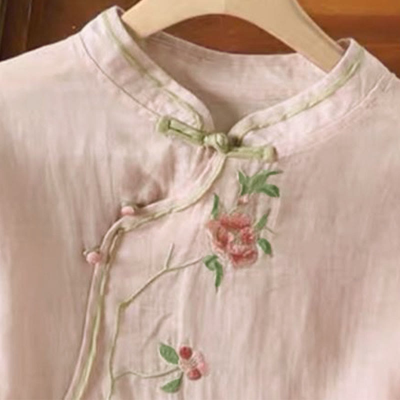 Camisa de lino y algodón para mujer, estilo casual, vintage, con bordado de flores y botones de rana china, cuello redondo - image 8