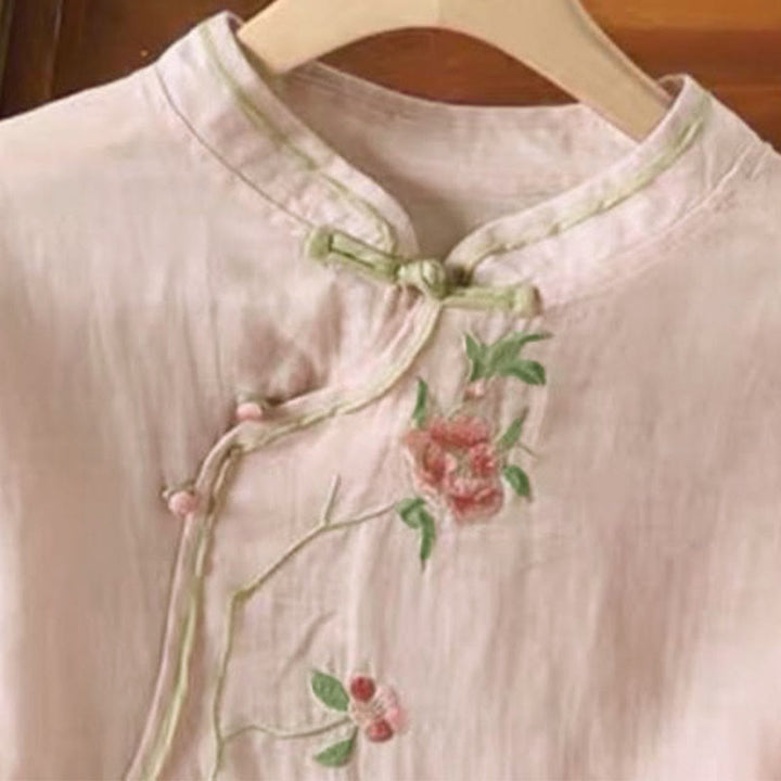 Camisa de lino y algodón para mujer, estilo casual, vintage, con bordado de flores y botones de rana china, cuello redondo - image 8