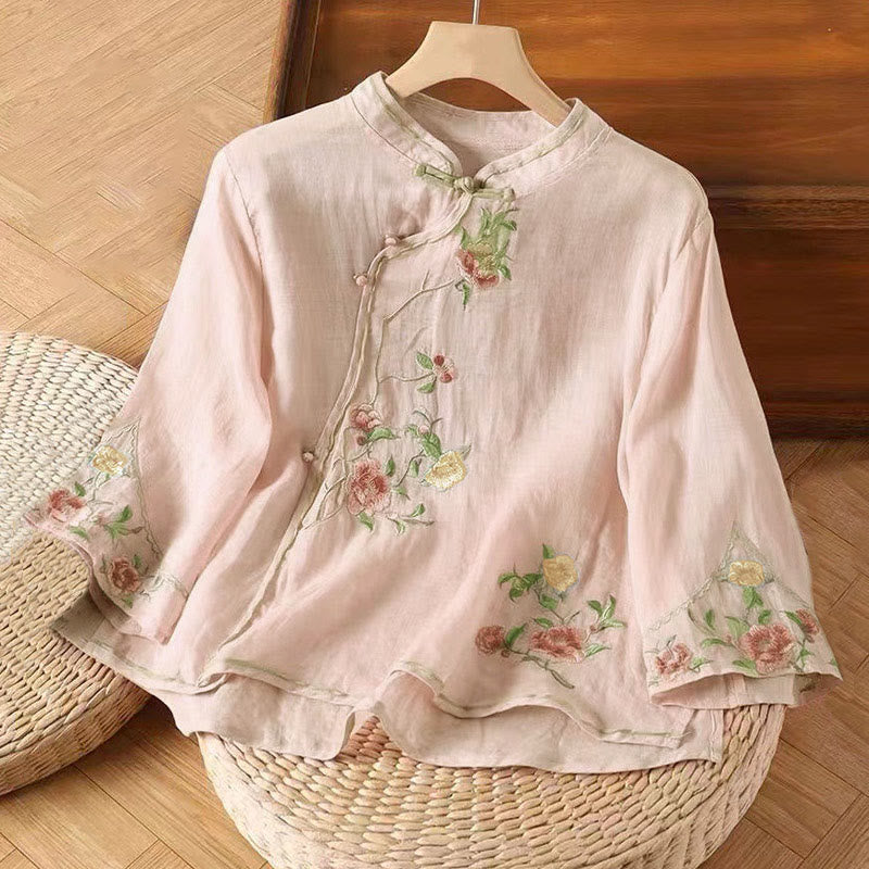 Camisa de lino y algodón para mujer, estilo casual, vintage, con bordado de flores y botones de rana china, cuello redondo - rosa claro - US12, UK/AU16, EU44 (3XL) - image 7