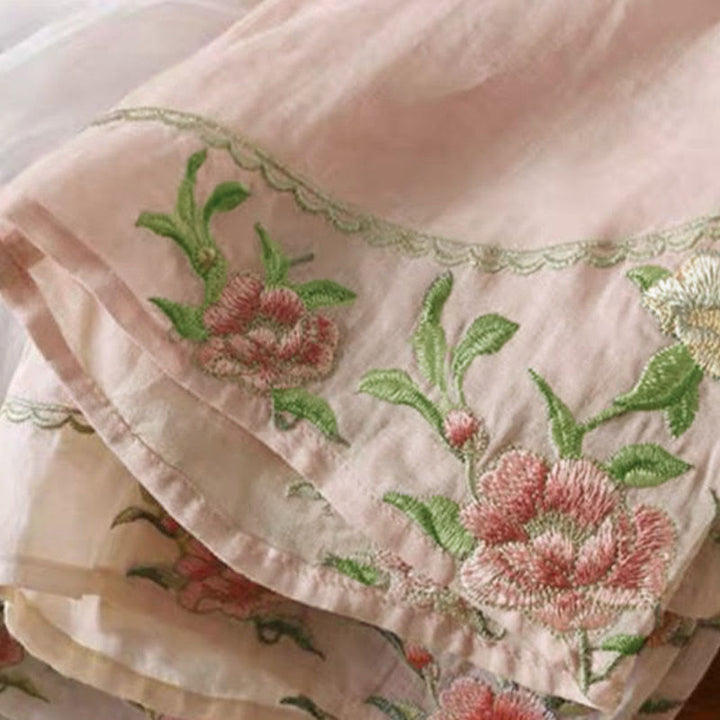 Camisa de lino y algodón para mujer, estilo casual, vintage, con bordado de flores y botones de rana china, cuello redondo - image 10