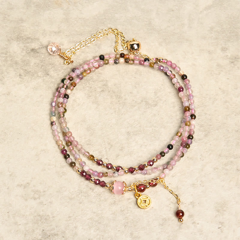 Pulsera de la sabiduría con monedas de turmalina de colores y cuentas irregulares de 2,5 mm de Buddha Stones